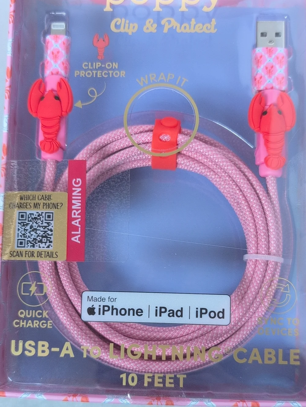 XO Poppy Lobster USB-A to Lightning Cable 10 Feet Clip & Protect